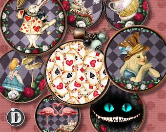 NEW ALICE WONDERLAND ** Digital Collage Sheet Printable Instant Download for art jewelry scrapbooking bottle caps magnets pins