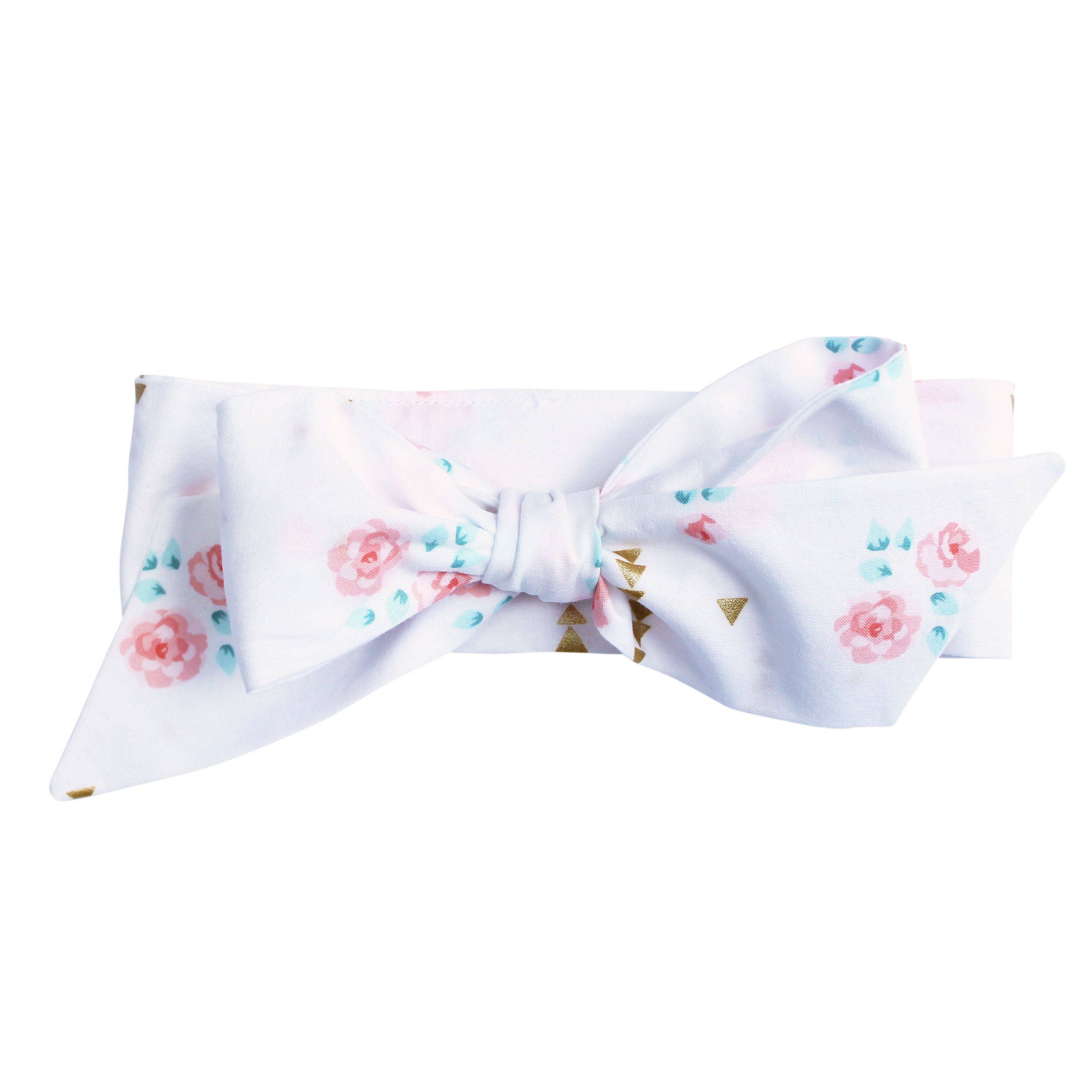 Fabric Bow Headwrap Vintage Flowers and Gold Metallic