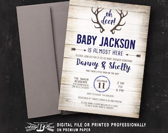 Rustic Baby Shower Invitation | Printed Invitation or Printable Digital File | Woodland Co-Ed Modern Deer Couple's Shower Woodsy Navy Blue