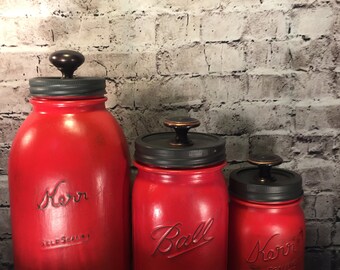 Rustic Farmhouse Mason Jar Kitchen Canister Storage Set- 3 piece Red and Charcoal