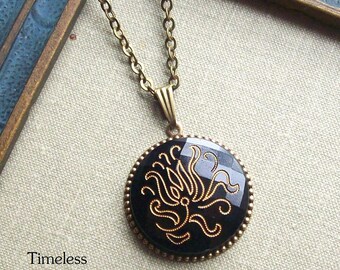 Vintage Glass Button Necklace, Gold Etching, Tulip, Flower, Antique Brass