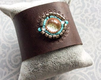Dichroic Glass Beaded Leather Cuff Brown