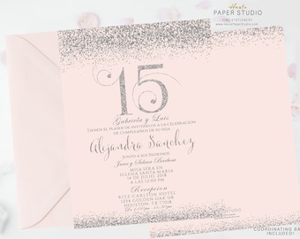 Silver Quinceanera, Sweet 16 Invite, Quinceanera Invite, Quince Invitation, Silver Invitation, Glitter Invitation, Confetti Invite, BDQ094
