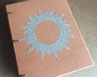 Orange sun journal, handmade paper journal, sketch book, travel journal, guest book, recycled guestbook, diary, vintage encyclopedia, sun