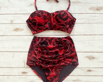Bustier Bikini Swimsuit - Vintage Style High Waisted Ruched Pin-up Retro Style Swimwear - Red Black Rose Pretty Floral Print Bathing Suit