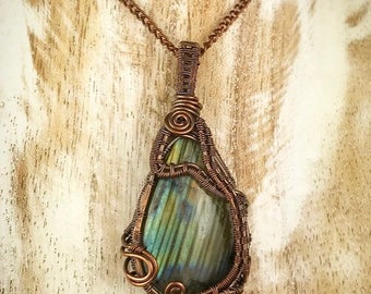 Copper Wire Wrap Labradorite Crystal Pendant