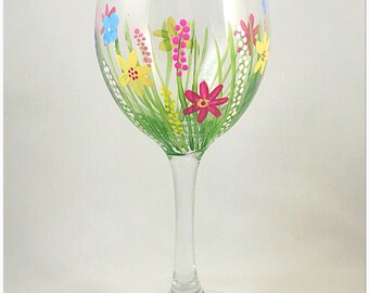 Wild flower painted wine glass