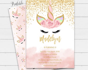 Magical Unicorn Invitation Instant Download, Gold Glitter Unicorn Invitation Digital File, Pink Unicorn Invite, Rainbow Invitation Download
