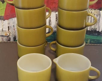 Anchor Hocking by Fire King Ware Dark green mugs with creamer and sugar bowl set of 10