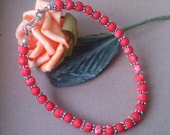 Bracelet red glass Pearl antiqued rubberized metal parts nickel-free ca 25-26 cm long