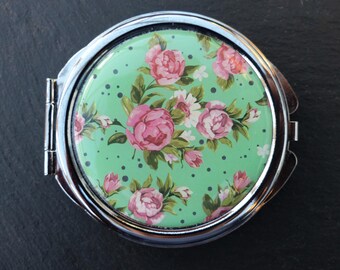 Vintage 1990s - Pink Roses Print Acrylic-Topped Double-sided Handbag Mirror With 3X Magnifying Mirror