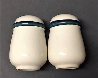 White Salt and Pepper Shakers with Blue/Green Stripe