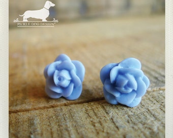 DOLLAR DEAL! Pale Blue. Rosebud Post Earrings -- (Vintage-Style, Baby Blue, Flower Earrings, Bridal Jewelry, Romantic, Feminine, Under 5)