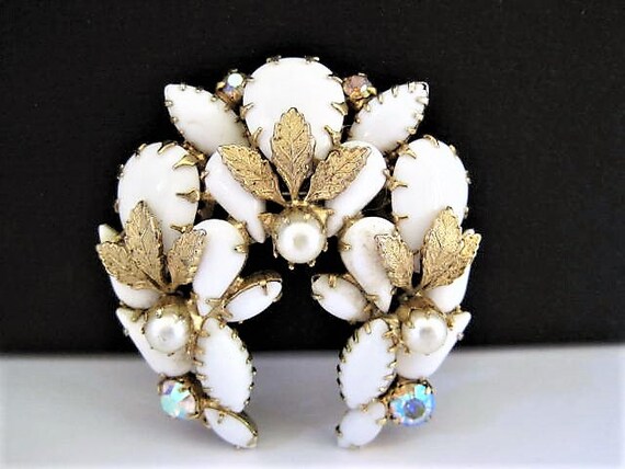 Milk Glass Brooch, AB Rhinestone Enhanced, Faux Pearls, Vintage Floral Glass, Gold Tone Mesh Leaves