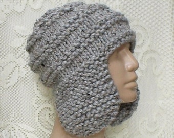 Gray marble tweed ear flap hat, trapper cap, gray hat, beanie hat, winter hat, mens womens knit hat, toque, ski snowboard skateboard, hiking