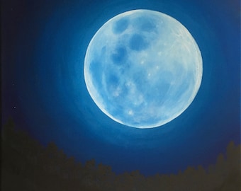 Blue Moon Painting, Celestial Art, Glowing Moon Wall Art, Bright Moon, Night Sky, Lunar Painting, Goddess, Full Moon, Beautiful Moon, Bright