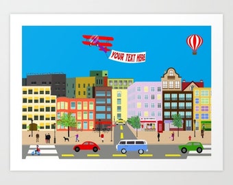 Street life poster-Airplane print-architecture print-Buildings Decorative Art Print-Personalized poster-Original-Panorama-Balloon poster