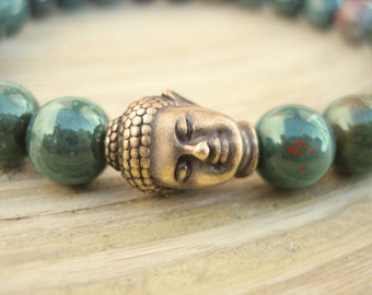 Mens Buddha Bracelet - Genuine Bloodstone Bracelet with Rudraksha Seed Mala Bead and Brass Buddha, Blessed Bracelet for Healing and Courage
