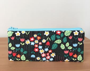 Floral Pencil Case, Black Zipper Pouch, Bright Colorful Pencil Pouch, School Supply Organizer, Back To School