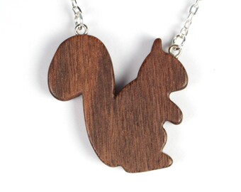 Woodland Squirrel Necklace, Wood Squirrel Pendant, Wooden Animal Jewelry, Hand Cut Scroll Saw, Walnut