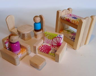 Wooden Toy Peg Doll Furniture, Natural Wood Doll House Toy, Waldorf Kids Toddler Gender neutral Birthday Gift,Simple toy, Jacobs Wooden Toys