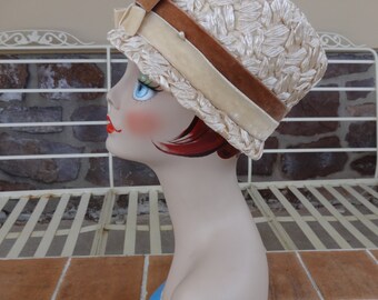 vintage womens hat cellophane 1950's white tan rockabilly retro millinery bucket