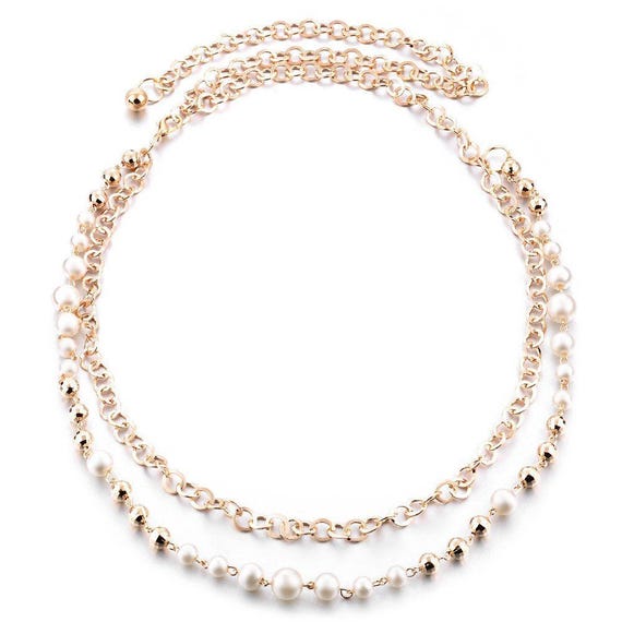 Women&#39;s Ladies Girls Gold Pearls Belt Diamante Chain Waist