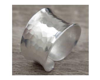 Hammered Sterling Silver Handmade Wide Band Ring, Shiny Silver Cuff Ring, can be Thumb ring, Convex band Adjustable Ring, Gift for Her