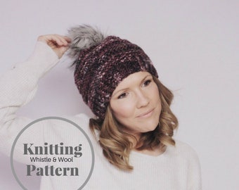 Knitting Pattern, The Somerset Slouchy Beanie, Teen- Adult size beanie pattern,Faux Fur Pom Pom DIY by Whistle and Wool