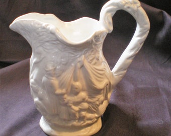 Vintage Small White Made in England Pitcher**Scenes on all Side**