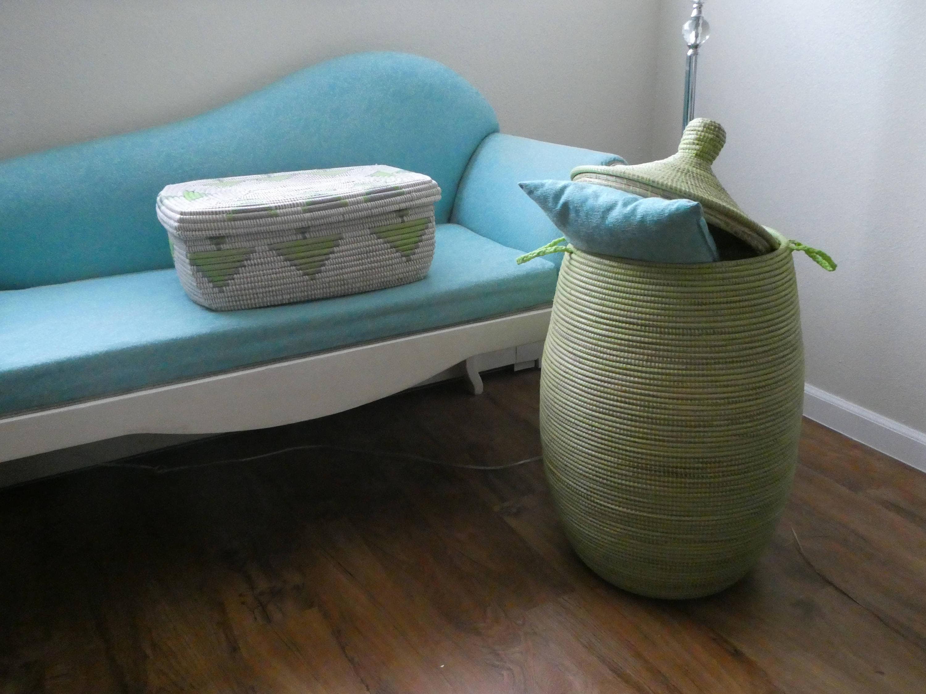 African Laundry Basket Mint Green Moss Green Lidded Hamper