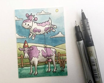 Cow balloon hills barn animal miniature art ATC Gift Art Trading Card Whimsical - Original ART ACEO Watercolor - Katie Hone