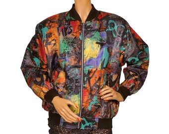 Vintage 1980s Graffiti Abstract Print Windbreaker Bomber Jacket - Streetwear