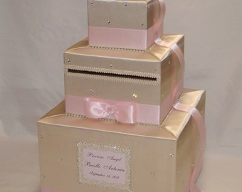 Champagne and Pale Pink Card Box-Rhinestone accents