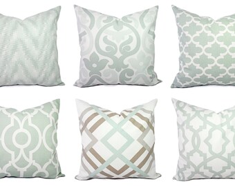 Soft Green Pillow Covers - Artichoke Green and White Throw Pillows - Decorative Pillows - Euro Sham - Lumbar Pillow 18 x 18 16 x 16 20 x 20