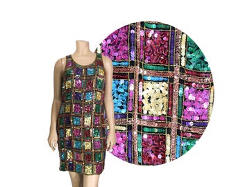 Small Sequin Mini Dress by Laurence Kazar // 90's Multicolor Sequin Dress // D89