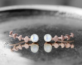 Rose Gold Celestial Earrings Moon Phase Earrings Crescent Moon Earrings Rose Gold Moonstone Jewelry Valentines Day Gift for Her Boho Jewelry