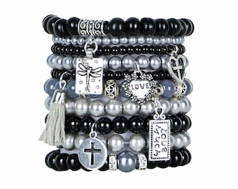 Beaded Bracelets Set of 10 Stretch Bracelets Bohemian Themed Stack with Silver Tone Charms and Tassel in Classic Black and Silver Greys