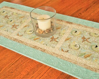 Seashells Table Runner in Aqua and Brown, Quilted Table Runner, Beach Decor, Ocean Decor, Summer Table Decor, Starfish and Seashells