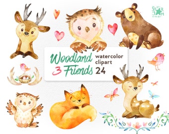 Woodland Friends 3. Watercolor animals clipart, fox, forest, deer, bear, owl, bird, butterfly, greeting, invite, flower, wreath, diy, banner