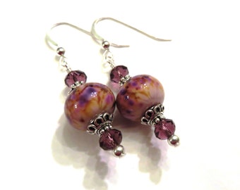 Pink & Purple Lampwork Earrings With Purple Swarovski Crystals, Purple Earrings, Pink Earrings, Lampwork Jewelry, Crystal Earrings