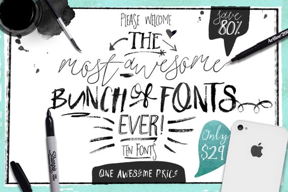 80% OFF Sale, Big Bunch of Fonts - hand drawn digital typeface bundle for typography - Brush, script, display
