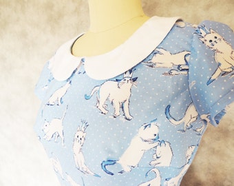 Kitty Cute Dress - Peter Pan Collar, Cat, Polka Dot, Blue, Women's Dress