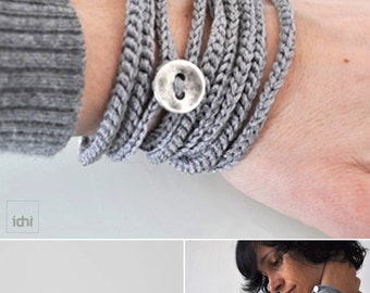Crochet wrap Bracelet and Necklace in one piece. Wrapped bracelet. Silver color . Coiled Bracelet. Threaded Bracelet. Textile Jewelry.