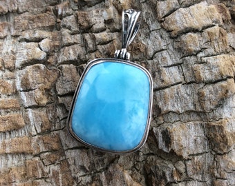 Larimar Pendant-Dominican Larimar-Sterling Bezel Setting-Sterling Bail-Antiqued Pattern on Bezel and Bail