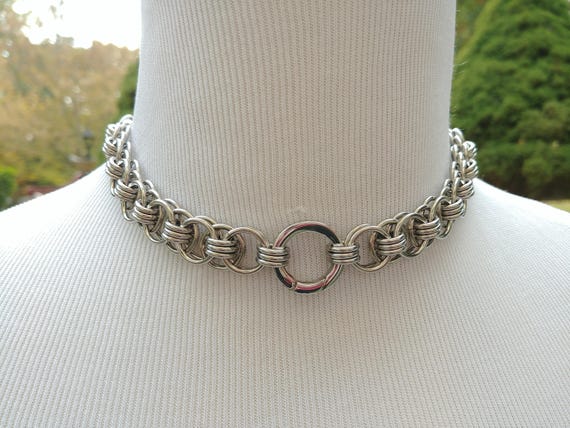 24/7 Wear BDSM Discreet Day Collar, Submissive Slave Collar, DDLG, Stainless Stainless Steel Chainmaille and Non-Locking Push Gate Clasp