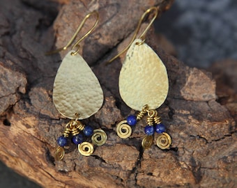 Hammered brass and lapis lazuli drop earrings