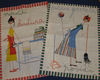 MILVIA TEA TOWELS All 7 Days of the Week Made in Italy for Saks Fifth Avenue 1959 Never Used