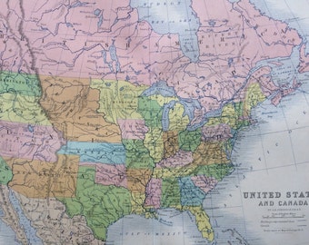 1859 UNITED STATES & CANADA Original Antique Map, 10.5 x 13.5 inches, historical wall decor, A K Johnson Atlas, Home Decor, Cartography