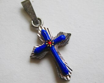 Vintage Italian 800 Silver Blue Guilloche Enamel Catholic Cross Necklace Pendant